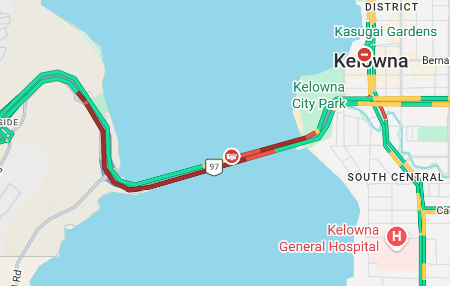 DriveBC's tweet photo. ⚠️🚔#BCHwy97 - Police incident on the #WilliamRBennettBridge has lane closures in both directions. Northbound right lane closed. Southbound left lane closed. Expect delays. #Kelowna #Okanagan https://t.co/kuesGMSIb3