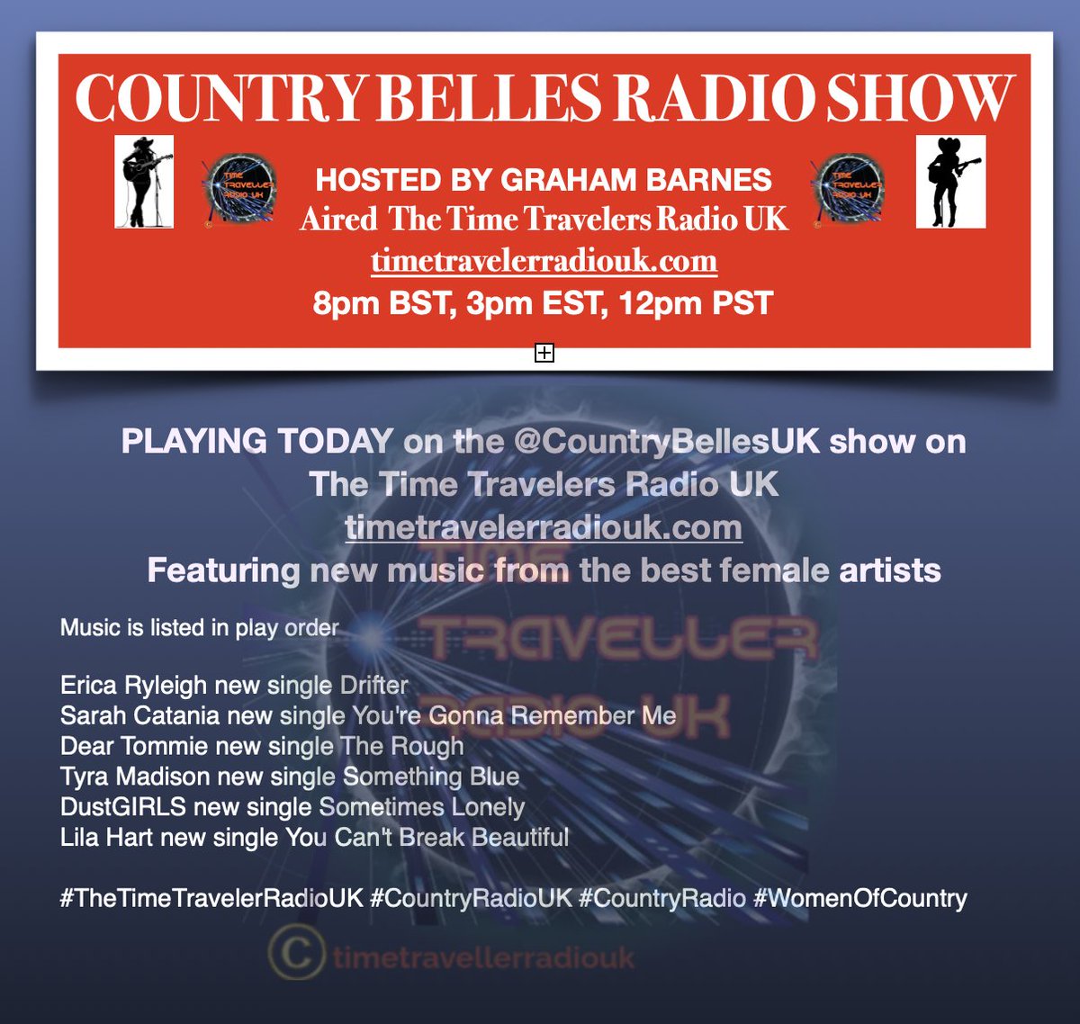 ScottKash88's tweet photo. NOW PLAYING on the @CountryBellesUK show on Time Traveler Radio UK
https://t.co/ZzWiNUhvWv
Featuring new music from the best female artists

@ericaryleigh
#SarahCatania
#DearTommie
@tyrammusic
#dustGIRLSmusic
#LilaHartMusic

#CountryRadioUK #CountryRadio #WomenOfCountry https://t.co/UkEBHSjLhY