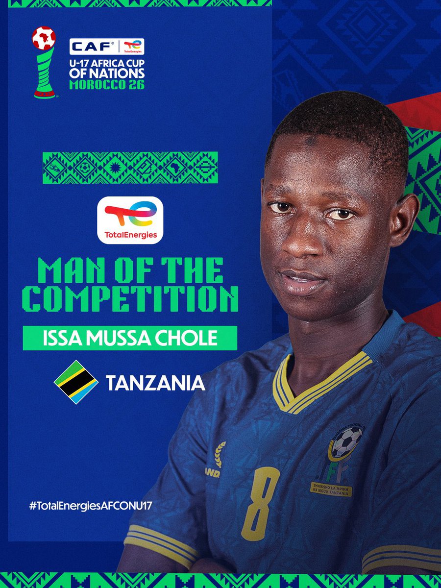 Football__Stage's tweet photo. 2026 U17 Africa Cup of Nations Awards

Player of the Tournament - Issa Mussa Chole (16) 🇹🇿 https://t.co/IFblLh7o7w