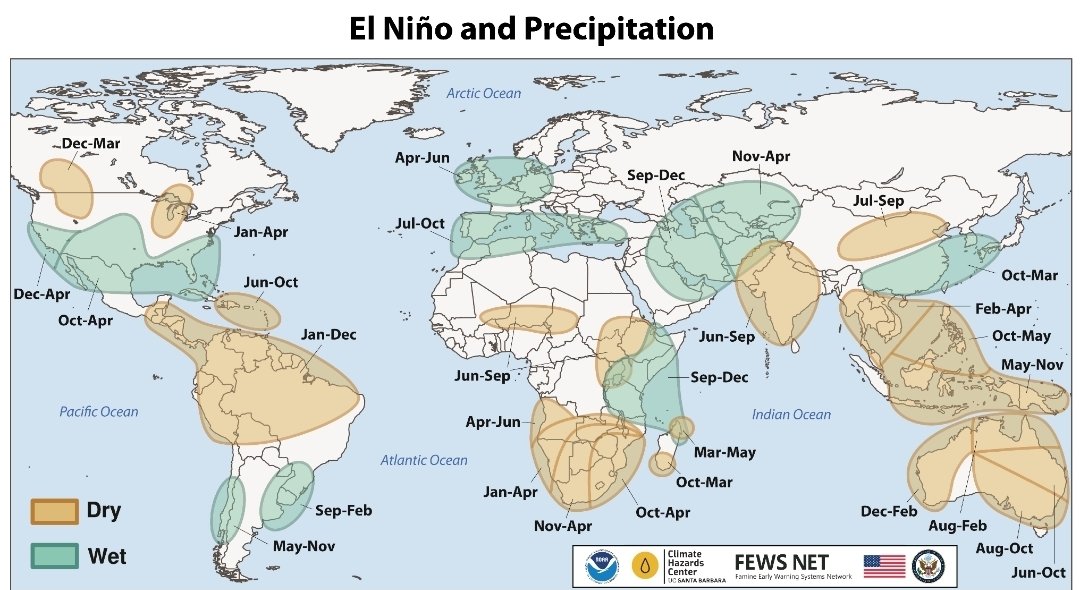 RyanWeather's tweet photo. Concise map showing typical El Niño wet/dry preciptation patterns from @climatehazards

https://t.co/4uNaPOFzrs https://t.co/ph7u18bhRP