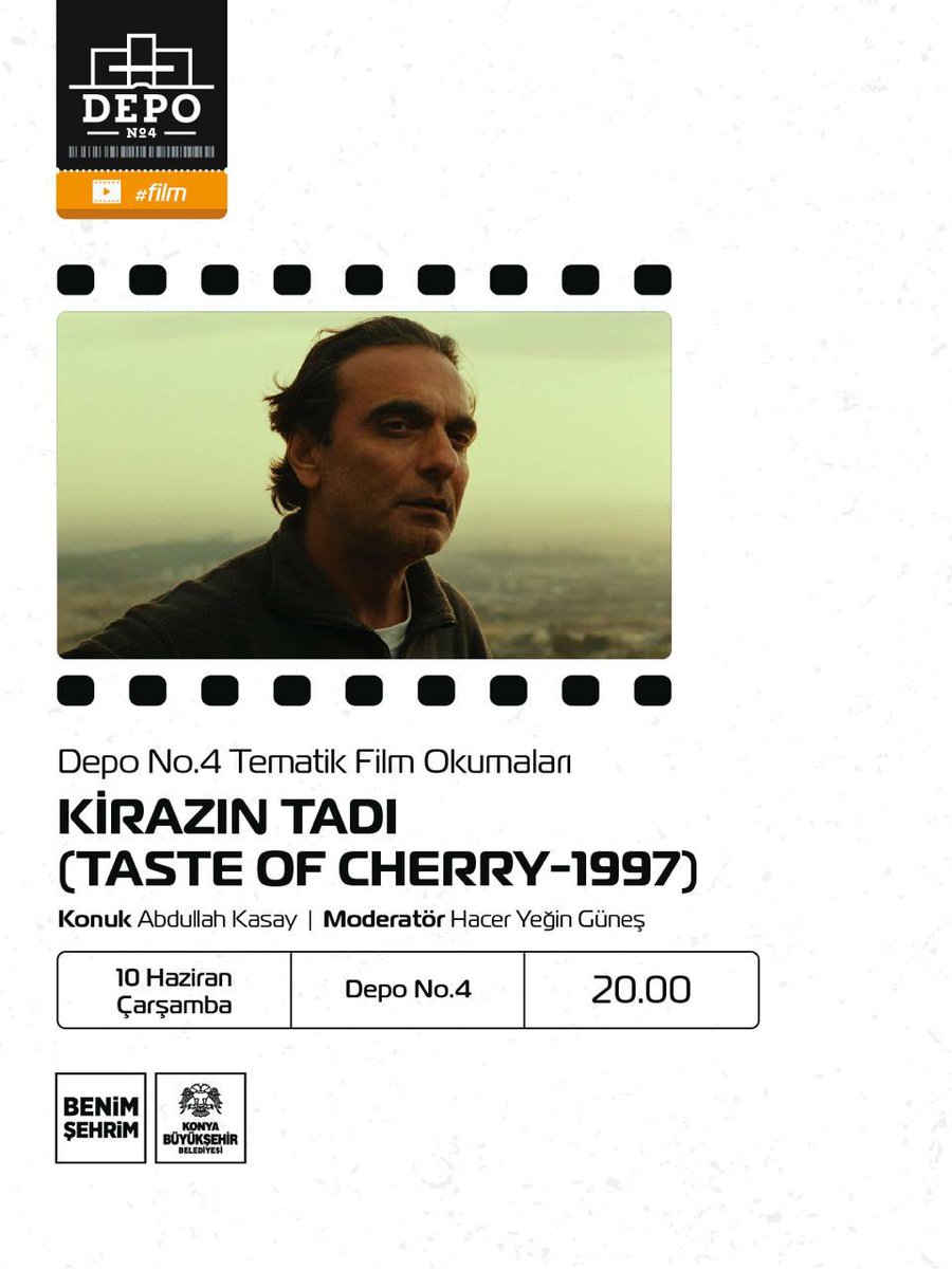 DepoNo_4's tweet photo. 🎬 Depo No.4 Tematik Film Okumaları’nda bu ay Abbas Kiarostami’nin ölümsüz başyapıtı Kirazın Tadı var.

📅 10 Haziran Çarşamba
🕗 20.00
📍 Depo No.4
🎙 Abdullah Kasay
🎤 Hacer Yeğin Güneş

#DepoNo4 #TematikFilmOkumaları #KirazınTadı #TasteOfCherry https://t.co/LiSQ5VNsKS