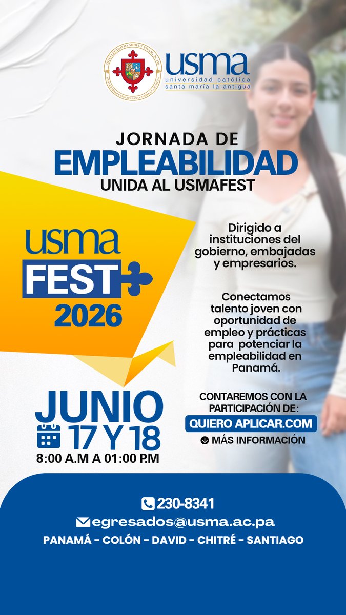 USMA_Egresados's tweet photo. Separa esta fecha miércoles 17 y jueves 18 de junio “USMA FEST/ JORNADA DE EMPLEABILIDAD 2026” de 8:00a.m. a 1:00p.m. Edificio “B” Biblioteca
#usmaegresados https://t.co/z6aDXXnD98