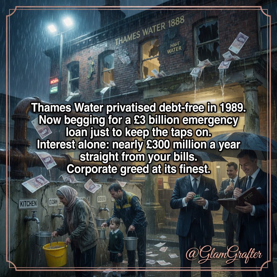 GlamGrafter's tweet photo. Thames Water, privatised debt free in 1989, now begging for a £3 billion emergency loan just to keep the taps running.

Interest alone will cost nearly £300 million a year, straight out of your water bills.

Thirty plus years of private ownership, eye watering executive bonuses, massive dividends, and now the British public gets to bail them out again.

Absolute failure of privatisation, ordinary families paying the price for corporate greed.

Make it make sense 💁‍♀️