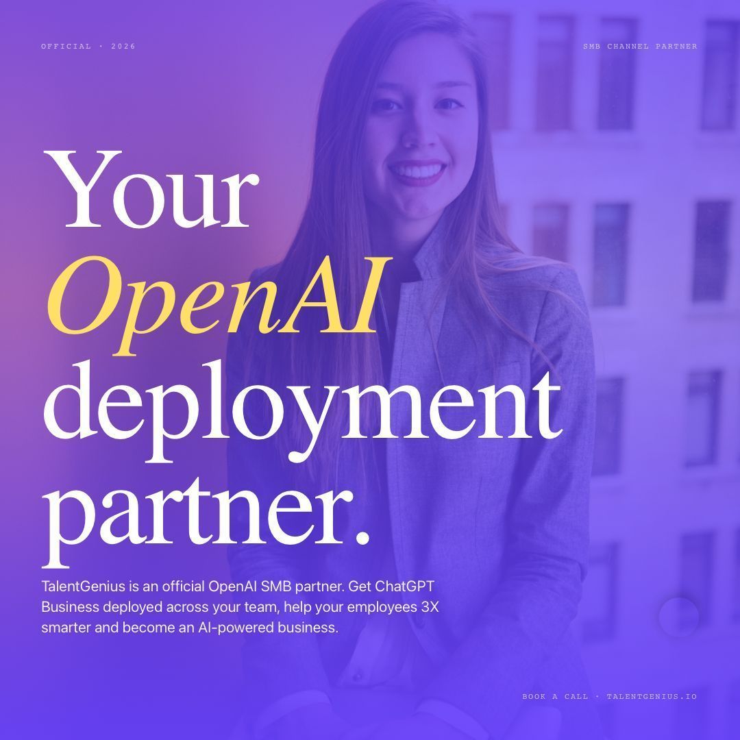 TalentGeniusIO's tweet photo. We're officially an OpenAI SMB Channel Partner.
That means one thing for your business: ChatGPT deployed, adopted, and actually used. Not just licensed. Setup. Training. Custom GPTs. Done in 4 weeks. 
Start now --> https://t.co/wRcdISCEil https://t.co/5ZWiOscYYG