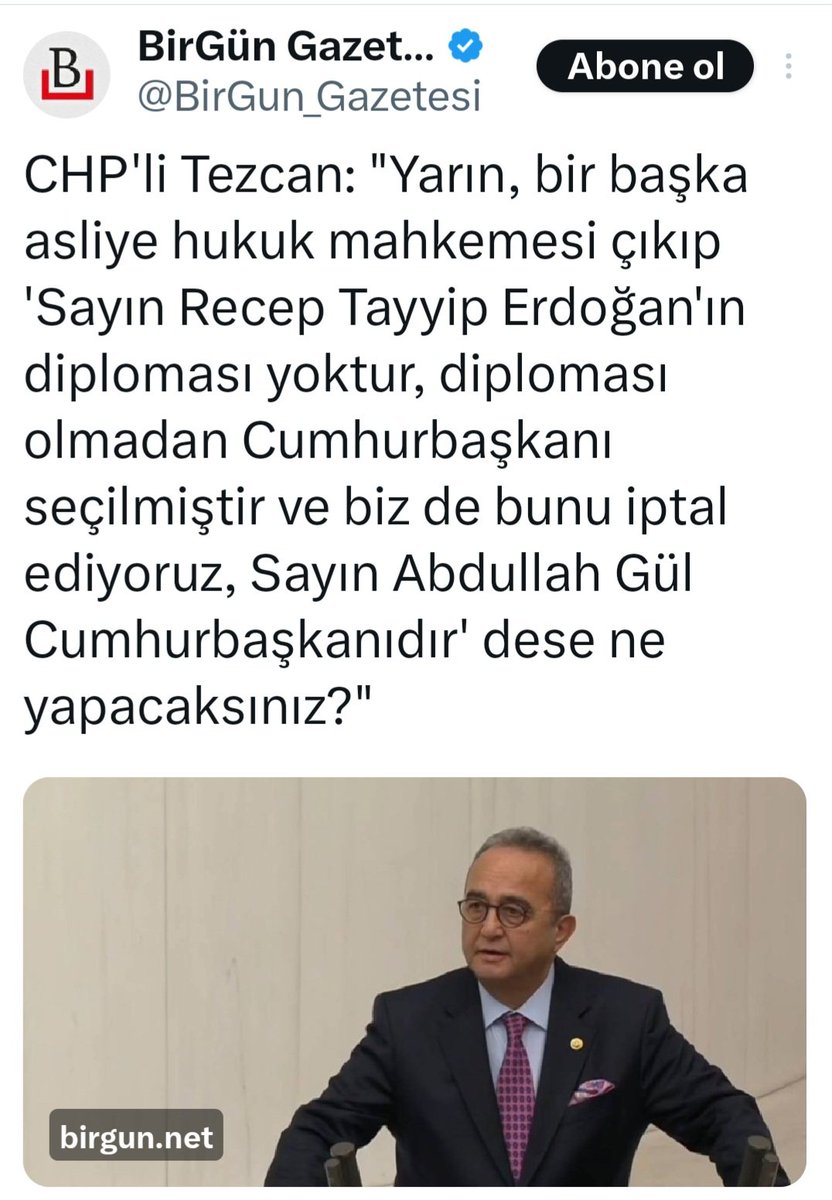 AvTacettinColak's tweet photo. Bu CHP'liler de masayı devirecek sorunun çevresinde dolanıp duruyorlar.
Özgür Özel, dün grup toplantısında; "Diplomasız Erdoğan, mazbatasız genel başkan istemektedir" diyor.

Bir gün sonra ağır toplarından Bülent Tezcan meclis kürsüsünde; "Bir asliye hukuk mahkemesi 'Recep Tayyip Erdoğan'ın diploması yoktur, biz bunu iptal ediyoruz, dese ne yapacaksınız?" diye konuşuyor.

Yani bunlar da biliyorlar RTE'nin diplomasının olmadığını. Ama üstüne üstüne gitmiyorlar, gidemiyorlar.

Oysa masayı devirecek ve kendilerinin de siyaseten önlerini açacak asıl soru bu?

Bunlar o cesareti gösteremedikleri sürece daha çok telef olacaklar.