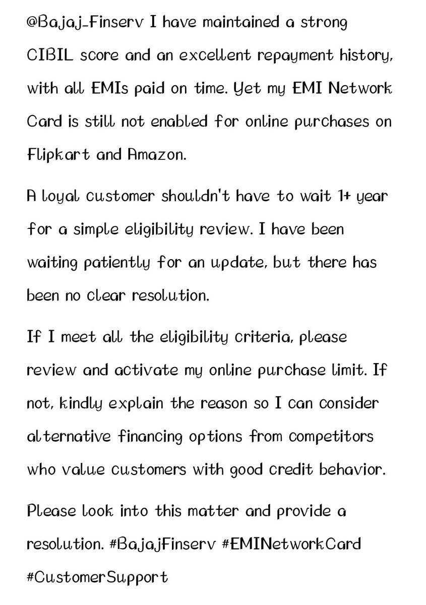 Parshya892's tweet photo. @Bajaj_Finserv I have a strong CIBIL score and an excellent repayment history with all EMIs paid on time. Yet my EMI Network Card is still not enabled for online purchases on Flipkart and Amazon. I've been waiting for over a year for a review. Why such a long delay?Please review https://t.co/z0NjU7KrMv