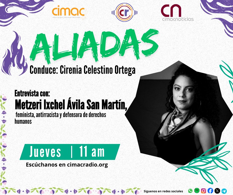 Cimacnoticias's tweet photo. Acompañar  es construir justicia y resistir colectivamente. 💜
Mañana en Aliadas 🫱🏼‍🫲🏽💜, CireniaCelestino conversa con la defensora feminista y antirracista @MetzeriIxchel 
Te sobre la urgencia del acompañamiento
📆 4 de junio
⏰ 11am
🎧 https://t.co/OJc9Zs4Z4C

#CIMACRadio https://t.co/aT6xz0u2yX