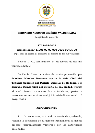 articulo20's tweet photo. SENTENCIA RECOMENDADA 🗣 

#Civil

Para que la reivindicación de un bien tenga éxito, no basta con que se reconozca como poseedor a quien está en el predio: @CorteSupremaJ 

SENT: STC1835-2026 | RAD: 11001-02-03-000-2026-00495-00 https://t.co/kFw6ojvm6K