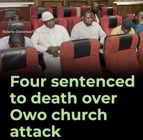 Peace4Progress's tweet photo. NEW IN: OWO CHURCH ATTACK: COURT SENTENCES 4 TO DEATH BY HANGING!
ONE DISCHARGED AND ACQUITTED.
@sowore @thatverydarkman @General_Somto @tvcnewsng 
@seunokin @akinalabi @SaharaReporters @SERAPNigeria @NewsCentralTV 
@ChuksEricE @ARISEtv @Arewa_Source 
#WarAgainstBanditry 
#NoToTerrorism