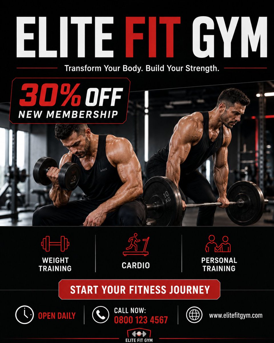 abs_uiux's tweet photo. A clean gym poster built to motivate and sell. 

Let your Fitness journey begins now..

@ChatGPTapp 
How To Use The Prompt: 
1. Open the Chatgpt App  
2. Copy &amp; Paste the prompt 👇 https://t.co/A0zbKuqOK7