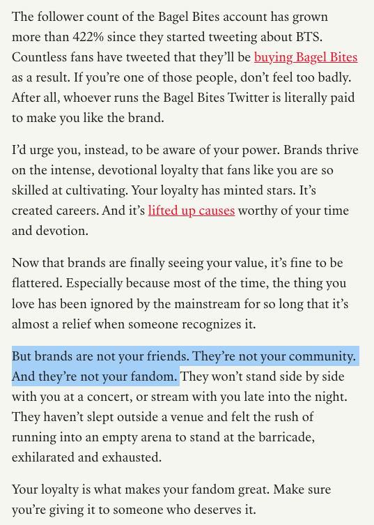highwavescoming's tweet photo. The majority of it really was about fucking Bagel Bites and ARMY. A lot of it was geniunely insulting to our intelligence, and it ended with an actual lecture on how bite-sized frozen pizzas aren't in the fandom trenches with us so we Should Be Careful 😭😭😭 https://t.co/cGApx1AOZL