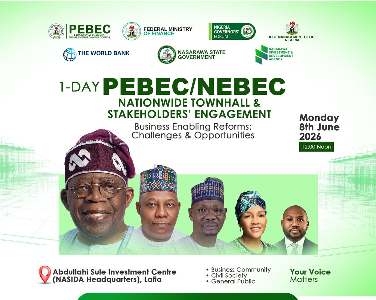 LouisAzige's tweet photo. All are invited to a stakeholders’ engagement jointly organized by @PEBECgovng &amp; the Nasarawa Enabling Business Environment Council (NEBEC).

Date: Monday, 8th June 2026
Time: 12:00 Noon
Venue: Abdullahi Sule Investment Centre (NASIDA Headquarters), Muhammad Buhari Way, Lafia https://t.co/GKZk6Scz8k