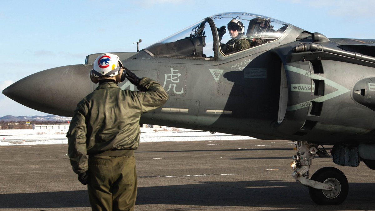 RealAirPower1's tweet photo. The Harrier has officially left the building. VMA-223 "Bulldogs," conducted the final USMC AV-8B flight today at Cherry Point, closing the book on one of the most unique airframes to ever fly from an LHA. It’s all F-35B from here!

So long Jump Jet! https://t.co/Xs8Bu1vqGw