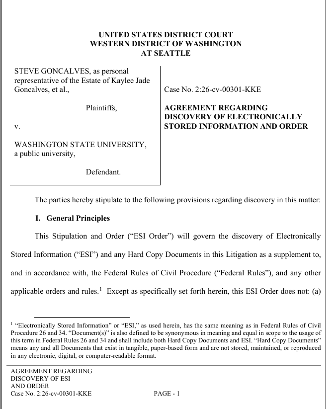 SarahDIrish's tweet photo. Stipulated Protective Order 

~15 Pages
https://t.co/bTZoEAwtPc

Agreement Regarding Discovery Of Electronically Stored Information and Order 

~23 pages
https://t.co/bTZoEAwtPc

#WSULawsuit
#BryanKohberger https://t.co/XV0Lw7QFua