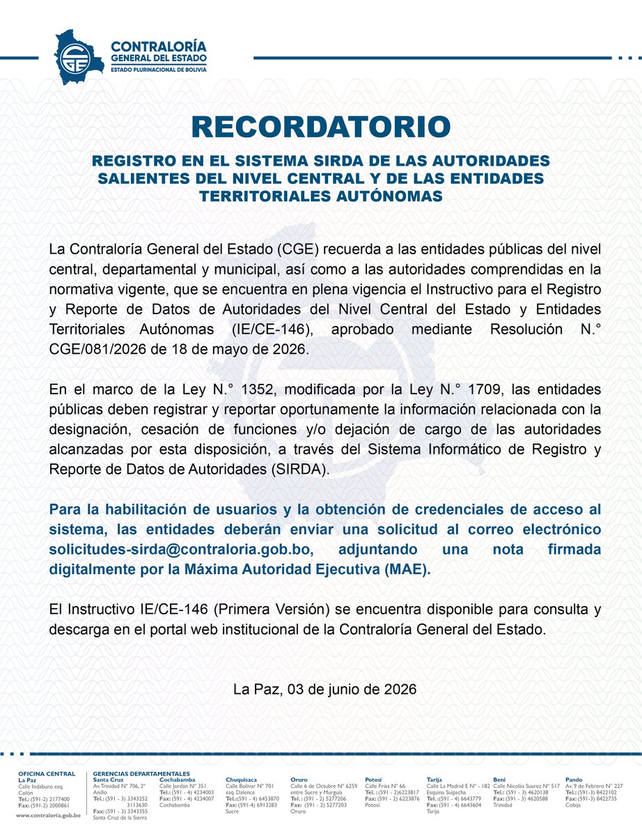 Contraloriabo's tweet photo. 𝐑𝐄𝐂𝐎𝐑𝐃𝐀𝐓𝐎𝐑𝐈𝐎 
La CGE recuerda a las entidades públicas del nivel central, departamental y municipal la vigencia del Instructivo para el Registro y Reporte de Datos de Autoridades del Nivel Central del Estado y Entidades Territoriales Autónomas (IE/CE-146) https://t.co/Lo39vnMKZz