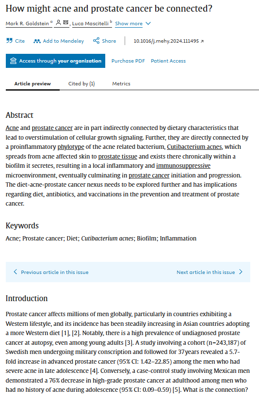 Mangan150's tweet photo. A history of acne in late adolescence is associated with ~6x the risk of advanced prostate cancer in adulthood. 

Likewise, no acne in adolescence was associated with about 75% lower risk.

Why? https://t.co/tPmRSql7VJ