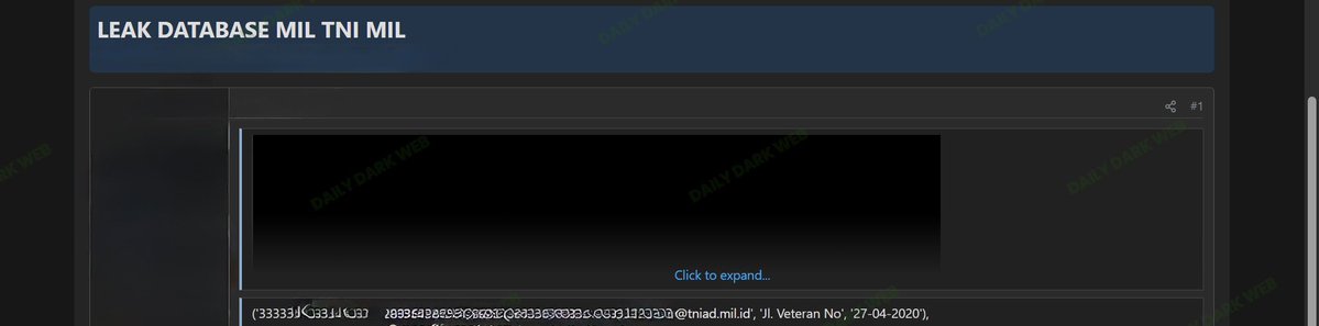DailyDarkWeb's tweet photo. 🇮🇩 Indonesia: Indonesian Military Data Allegedly Leaked Online

* Threat actor claims to possess and publish records associated with Indonesian military infrastructure

* The screenshot appears to reference data linked to the Indonesian National Armed Forces (TNI), including records containing military-related email addresses

* Sample information shown in the listing suggests potential exposure of:
  * Names
  * Email addresses
  * Veteran-related identifiers
  * Registration or administrative records
  * Internal personnel information

* At the time of reporting, the full scope of the dataset remains unclear, and the total number of affected records has not been disclosed in the visible portion of the listing

* No independent verification of the claims has been observed

Analyst Note:

Military and defense-related datasets are highly sought after by threat actors due to their intelligence value. Even seemingly routine personnel records can be leveraged for espionage, social engineering, credential attacks, and targeted phishing campaigns against military personnel and government officials. The appearance of official military email domains within leaked datasets often increases the attractiveness of the data to both cybercriminal and nation-state actors.

#DDW #Intelligence #TNI #DarkWeb