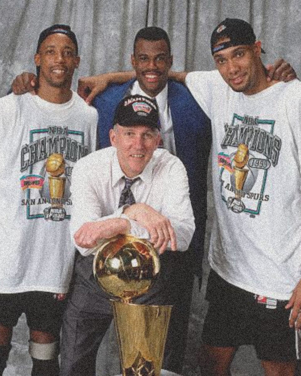 HOMAGE's tweet photo. Spurs win it 4–1. Sean Elliott, Robinson, Duncan, and Pop with the first trophy in franchise history. Duncan takes Finals MVP. Chapter one of five.

Funny how the weirdest seasons make the best history. Pay homage. https://t.co/AMVUsG0rO1