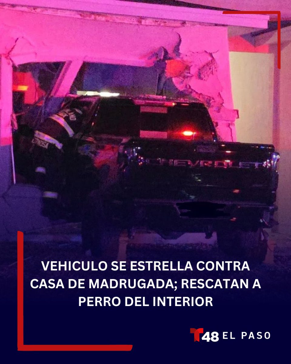 TelemundoEP's tweet photo. 🚨🏠 Auto se estrella contra vivienda en Sunland Park. 

El impacto ocurrió de madrugada y bomberos lograron rescatar a un perro del interior de la casa. 

Más aquí: https://t.co/rLq9Q97ZT5

#Telemundo48EP #SunlandPark #Accidente https://t.co/DMKcOYcpnv