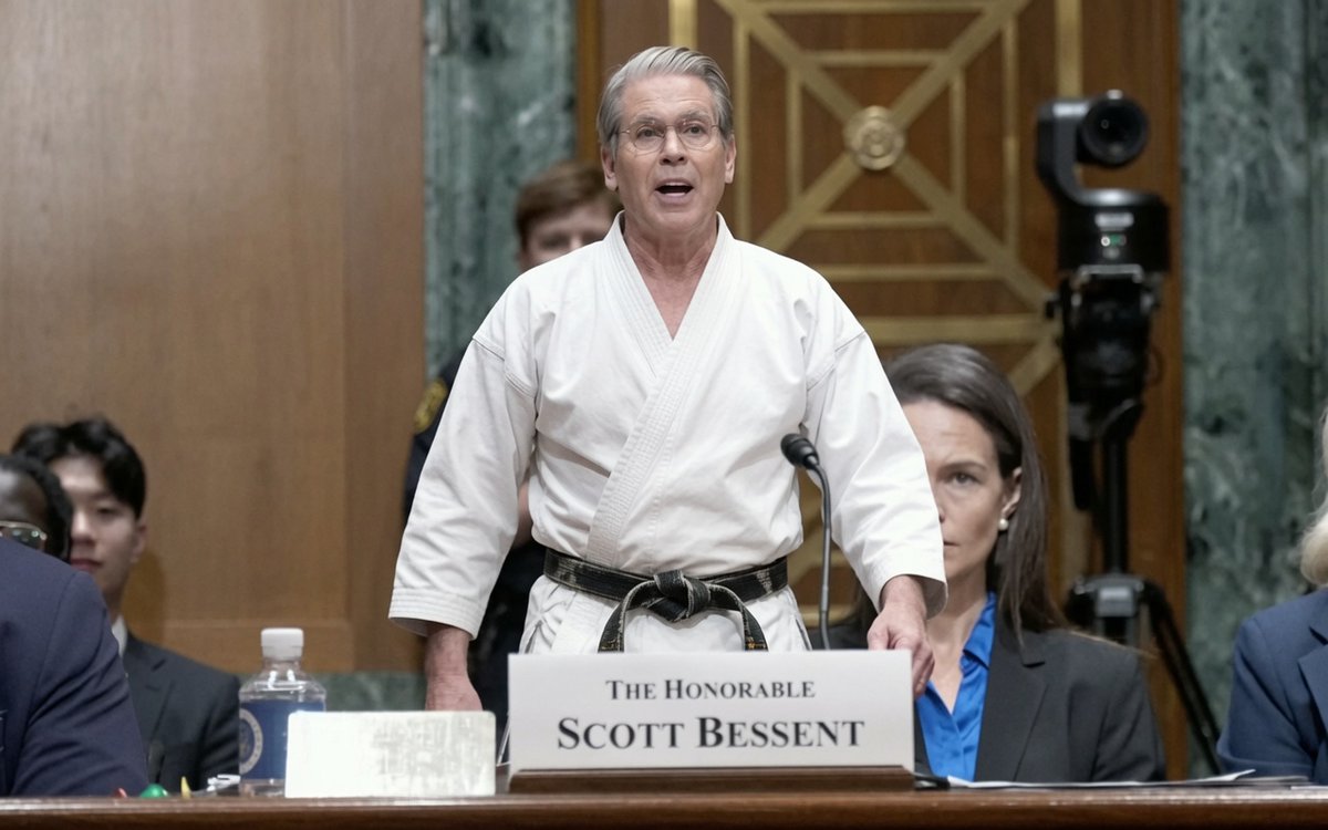 EvaKnott's tweet photo. @EricLDaugh Chuck Norris is busy in heaven right now, so Scott Bessent showed up to set some senators straight.  Illustration by Grok. https://t.co/cpOdVNr6qJ