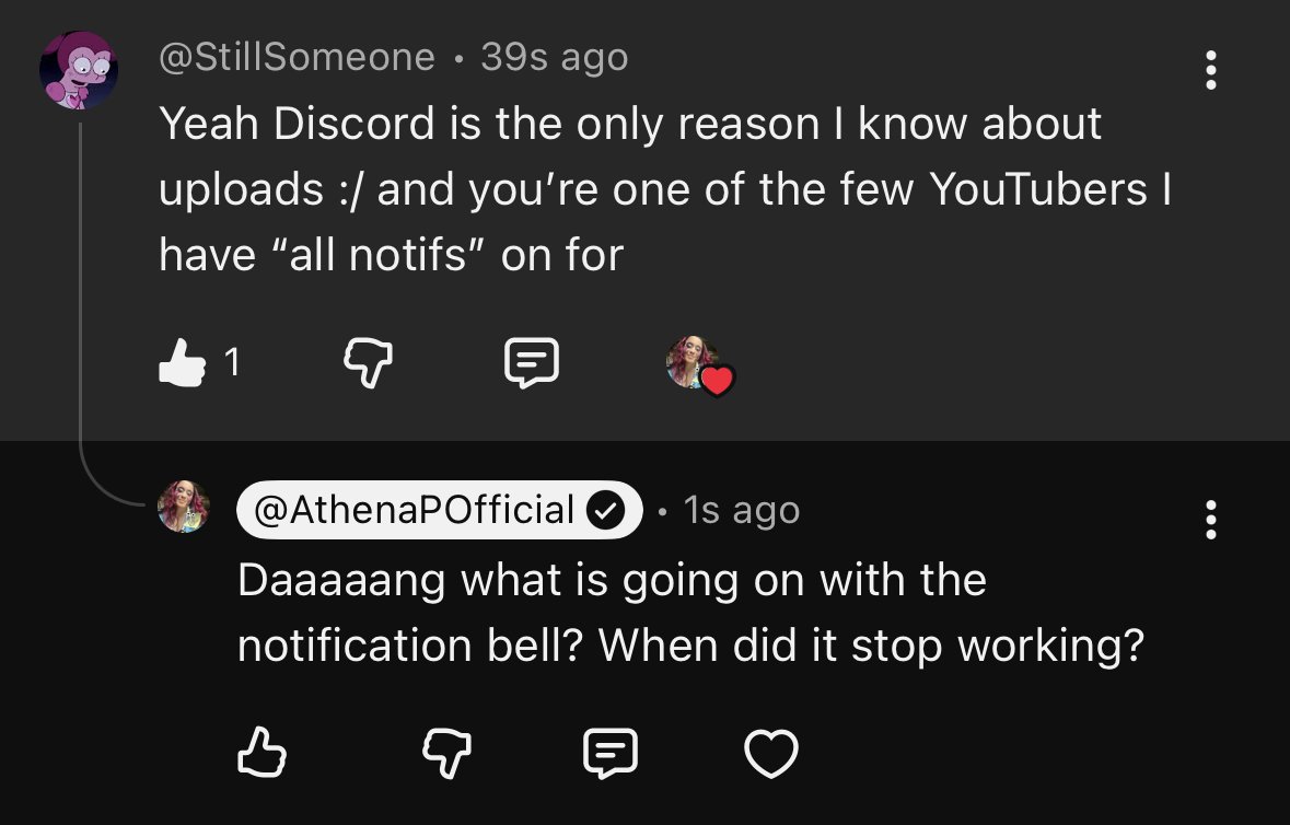 HopestarStudios's tweet photo. @TeamYouTube hey youtube! This is Athena P I'm borrowing my sister's twitter bc I don't have twitter

I've had hundreds of comments inform me that the notification bell isn't working and the only way a lot of people can find my latest video is through search and other sites https://t.co/TkQdTmK96R
