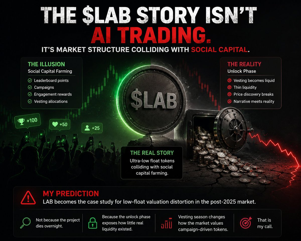 OnlyEchos's tweet photo. The most misunderstood market structure event of this cycle is happening inside $LAB.

People think the story is AI trading infrastructure. It isn't. The real story is what happens when ultra-low float tokens collide with social capital farming.

I've watched campaign participants go from posting for leaderboard points to holding vesting allocations supposedly worth $500k to $1M on paper. That is not normal price discovery. That is reflexivity feeding on restricted supply.

My prediction for the next 12 months:

LAB becomes the case study regulators, exchanges, and crypto researchers point to when discussing low-float valuation distortion in the post-2025 market.

Not because the project dies overnight.

Because the unlock phase exposes how little real liquidity existed underneath the narrative.

The price action during vesting season will permanently change how the market values campaign-driven tokens.

That is my call.

@RallyOnChain