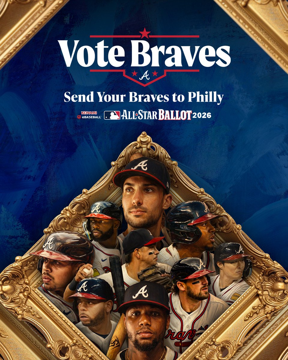 Braves's tweet photo. Send your Braves to Philly! Vote Braves as your favorite team on the 2026 KONAMI eBaseball™ MLB All-Star Ballot for 20% off tickets!
