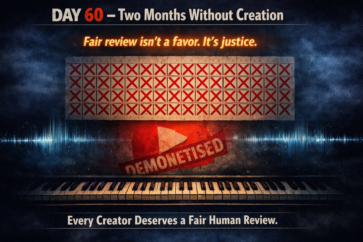 RhythStrings's tweet photo. Day 60: Two Months Without Creation

Sixty days demonetized.  
No human review.  
No fairness.  

I haven’t uploaded a single video,  
not because I ran out of ideas,  
but because the system erased motivation.  

Learners’ voices remain.  
Proof remains.  
But creativity is paused.  

This silence is not defeat.  
It’s resistance.  
A creator forced into pause by an algorithm that refuses to listen.  

Fair review isn’t a favor. It’s justice.

@TeamYouTube 
@YouTube @YouTubeCreators
@nealmohan

#Day60 #FairReview #HumanReview #CreatorsDeserveFairness #YouTubeTransparency