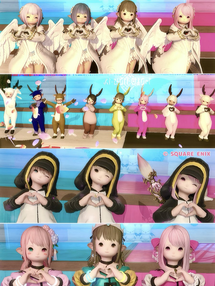 miniminiha's tweet photo. (*´∇｀*)あざホーム🌸ご来店ありがとうきゅ〜①
🐧おはララ隊✨ララシカ隊🦌きゅいくろ💖
ごましお隊🦭🎶みんなステージ大成功🌈応援ありがとうきゅ〜😍
 #あざホーム #FF14 #ララフェル https://t.co/sRcD6TSyAl