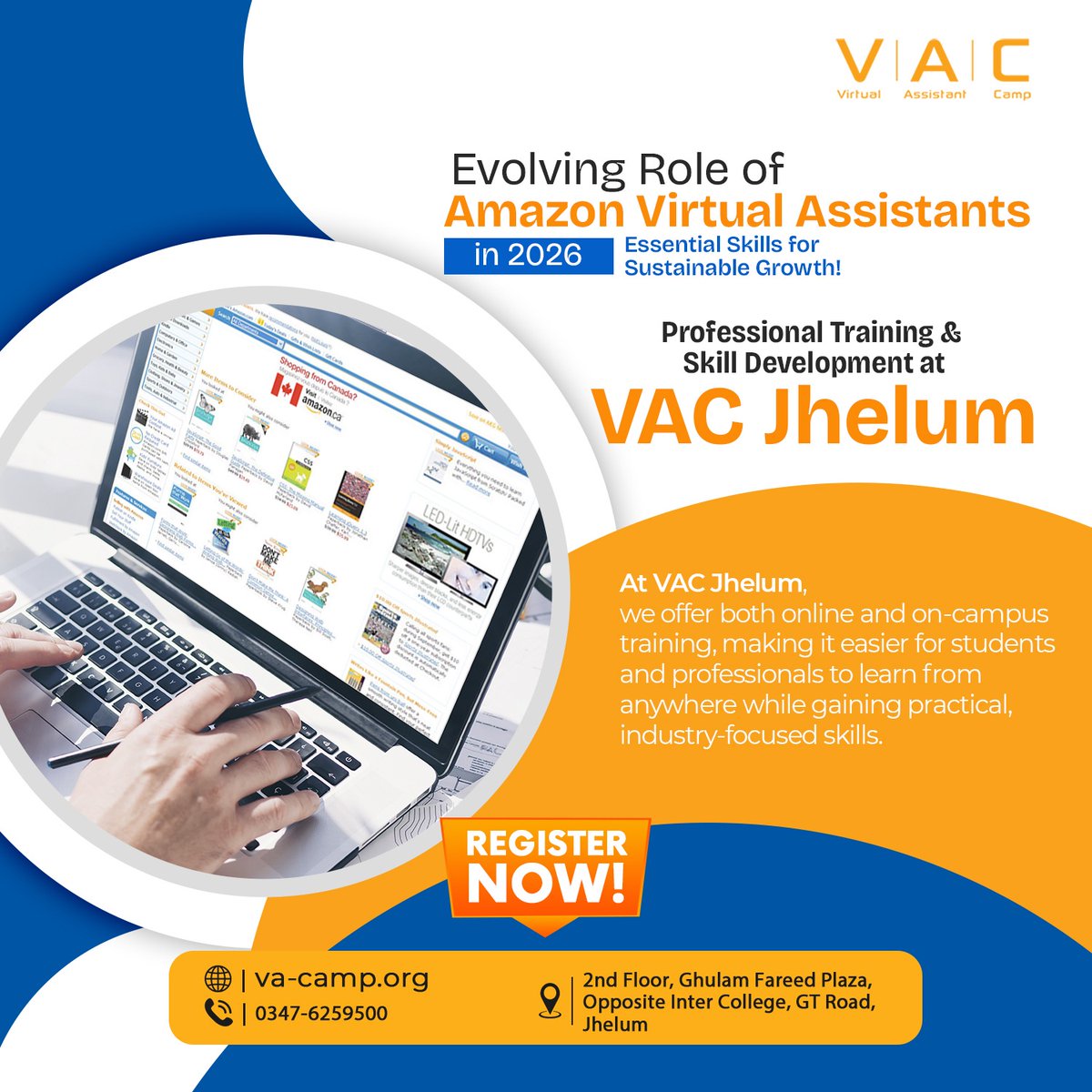 AssistantCamp's tweet photo. Amazon VAs in 2026 need more than task management—AI, PPC, analytics, automation &amp; growth strategies are key.  Learn practical Amazon skills with VAC Jhelum (Online &amp; On-Campus). https://t.co/ypoxtArR83