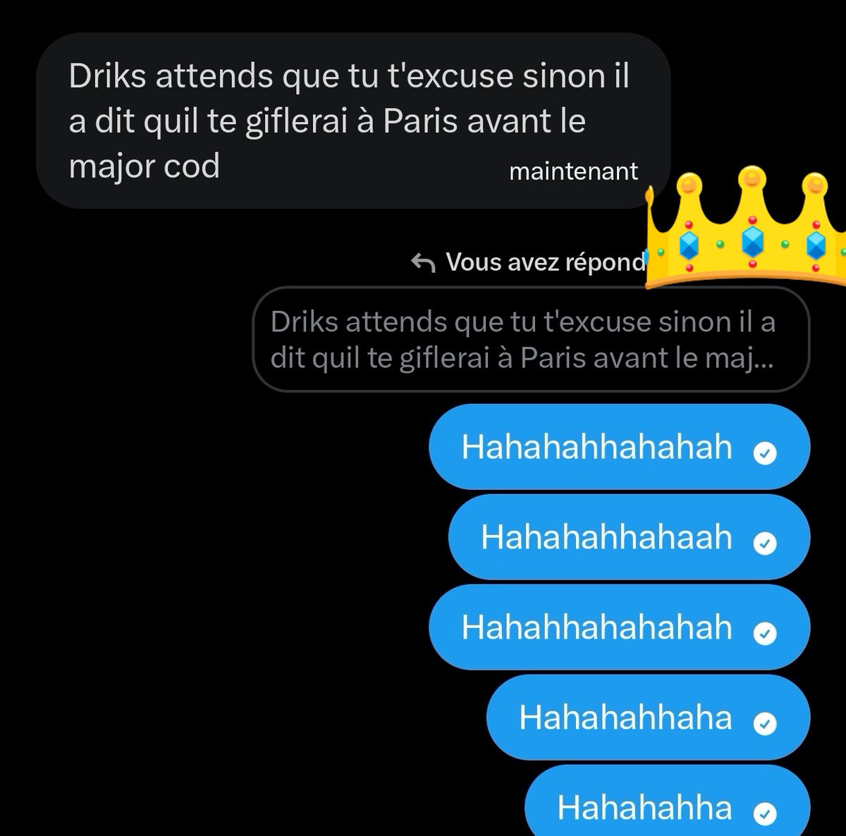 _tamM8's tweet photo. Mdrrr j'en ai déjà reçu des messages lunaire dans la vie de twittos, mais je ne m'attendais pas à ça 🤣 
Pour des vannes sur Ronnie, des vannes sur twitter 
DES VANNES SUR RONNIE INTEL 😭

Ps : je l'ai bloqué il y a quelques jours, pour ça qu'il passe par quelqu'un d'autre.. https://t.co/dS2KvsdTeB