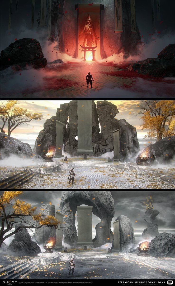 terraformart's tweet photo. These images depict the Multiplayer Lobby for #GhostofYōtei’s RAID Mode. Working from references provided by the Sucker Punch team, we enhanced the scenes with #digitalpainting

#ConceptArtists: Daniel Dana &amp; Andrej Rempel

Art Director: Dan Fadness

Creative Director: @fmacmanus https://t.co/yHmfOnLR1P