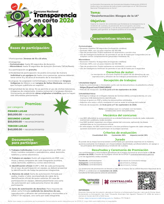 HidalgoUse's tweet photo. La participación ciudadana fortalece la transparencia y el correcto uso de los recursos públicos.
Participa en el XVII Premio Nacional de Contraloría Social 2026 y comparte las acciones que impulsan la vigilancia ciudadana, la rendición de cuentas y el combate a la corrupción. https://t.co/wmiT6IYQML