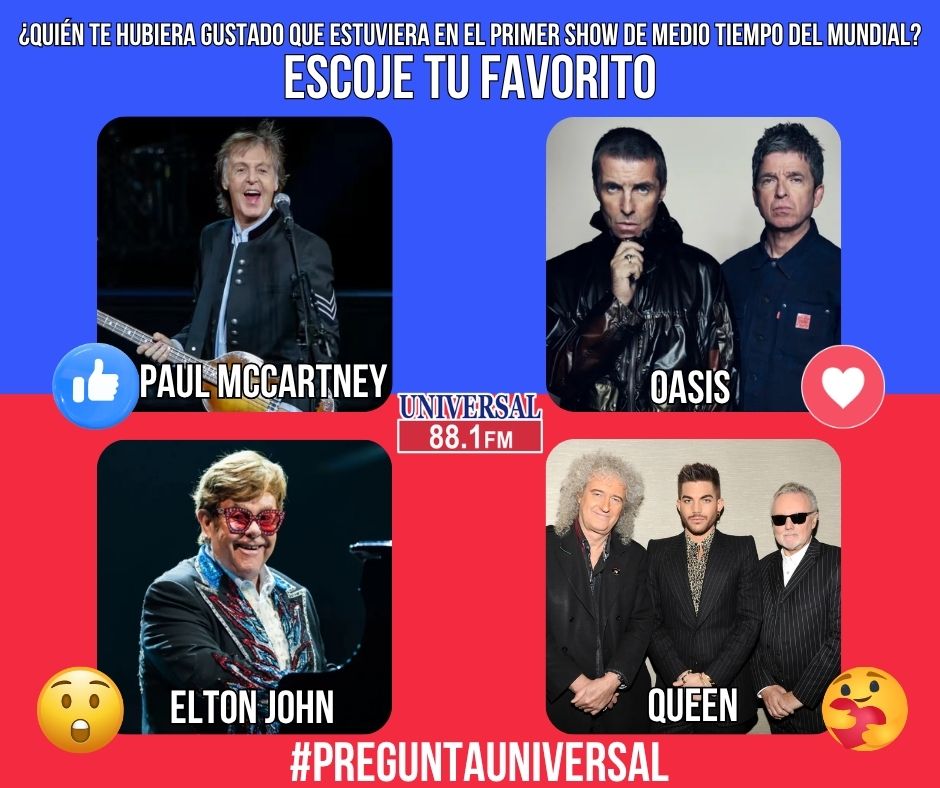 universal881fm's tweet photo. #PreguntaUniversal 🌎🎶

¿Quién te hubiera gustado que estuviera en el primer show de medio tiempo del Mundial? 🏟️⚽

👍 Paul McCartney
❤️ Oasis
😮 Elton John
🥰 Queen
¡Vota con tu emoji favorito y cuéntanos tu elección! 👇
#PaulMcCartney #Oasis #EltonJohn #Queen #Universal881 https://t.co/yxUP1CJIqZ
