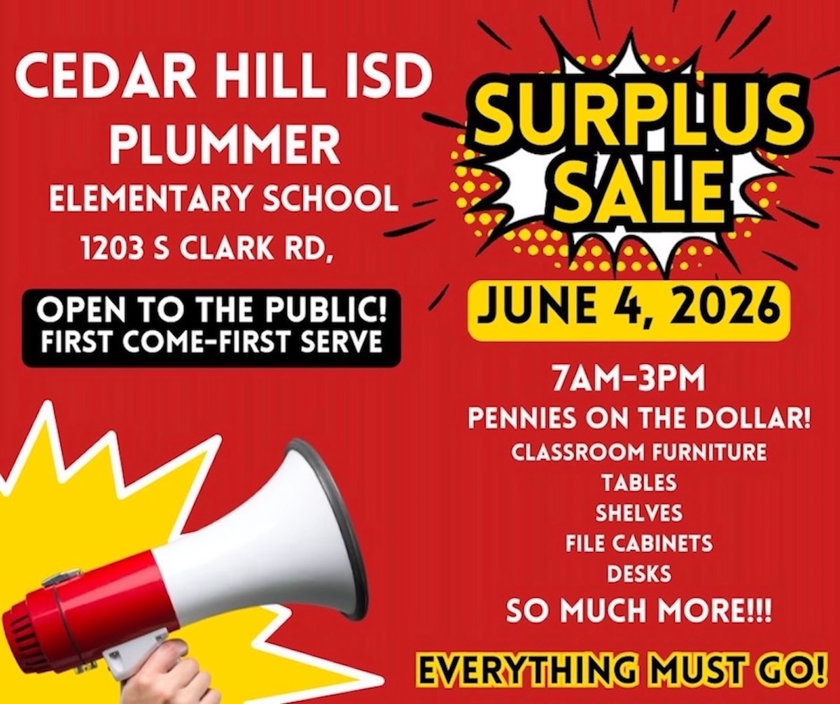cedarhillisd's tweet photo. We are renovating Plummer Elementary and hosting surplus sales for furniture and equipment that is no longer needed. Join us from 7 a.m.-3 p.m. today at Plummer for great items for pennies on the dollar.

The only door to enter is Door #8. https://t.co/Skzkx5zjKX