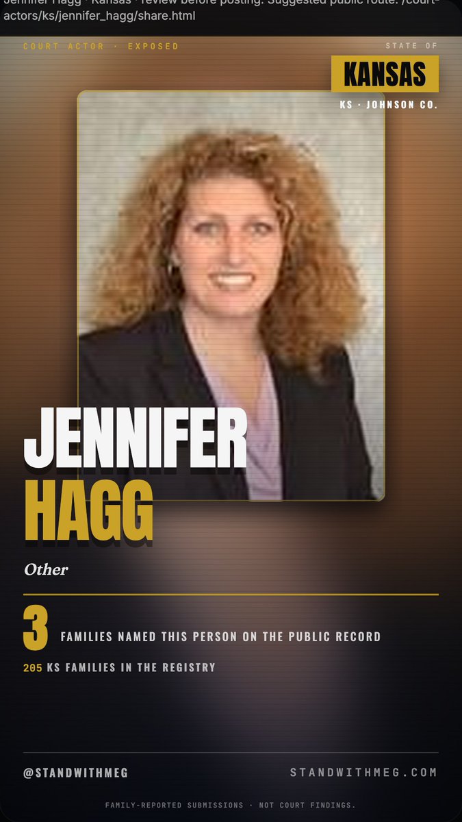 StandwithMeg's tweet photo. ⚠️ 🚨 Court actor Jennifer Hagg — Johnson County, Kansas family court — is now on the public record.

Jennifer Hagg · Court Actor · Johnson County, Kansas
3 families named Jennifer Hagg on the public record.

What Kansas parents reported about Jennifer Hagg:

"Didn't seem to care about my case — relied on the GAL's opinion."
— Anonymous Parent · KS

"It has taken my life."
— Anonymous Parent · KS

When the people in the system stop looking at the family in front of them — and just defer to someone else's opinion — the family pays for it.

📊 The pattern in Kansas family court:
• 205 KS families in the registry
• $83,725 median family burden
• 51.7% of parents forced to represent themselves
• 17 months median time lost with their children

4,640 families nationwide — and now global. Not an isolated incident. A pattern.

If you've encountered Jennifer Hagg in Johnson County, Kansas family court, your story belongs on the public record.

Submit → https://t.co/NQEhsiT7JU

FAMILY-REPORTED SUBMISSIONS · NOT COURT FINDINGS.

#StandWithMeg #JenniferHagg #KansasFamilyCourt #JohnsonCountyKS #FamilyCourtSurvivor