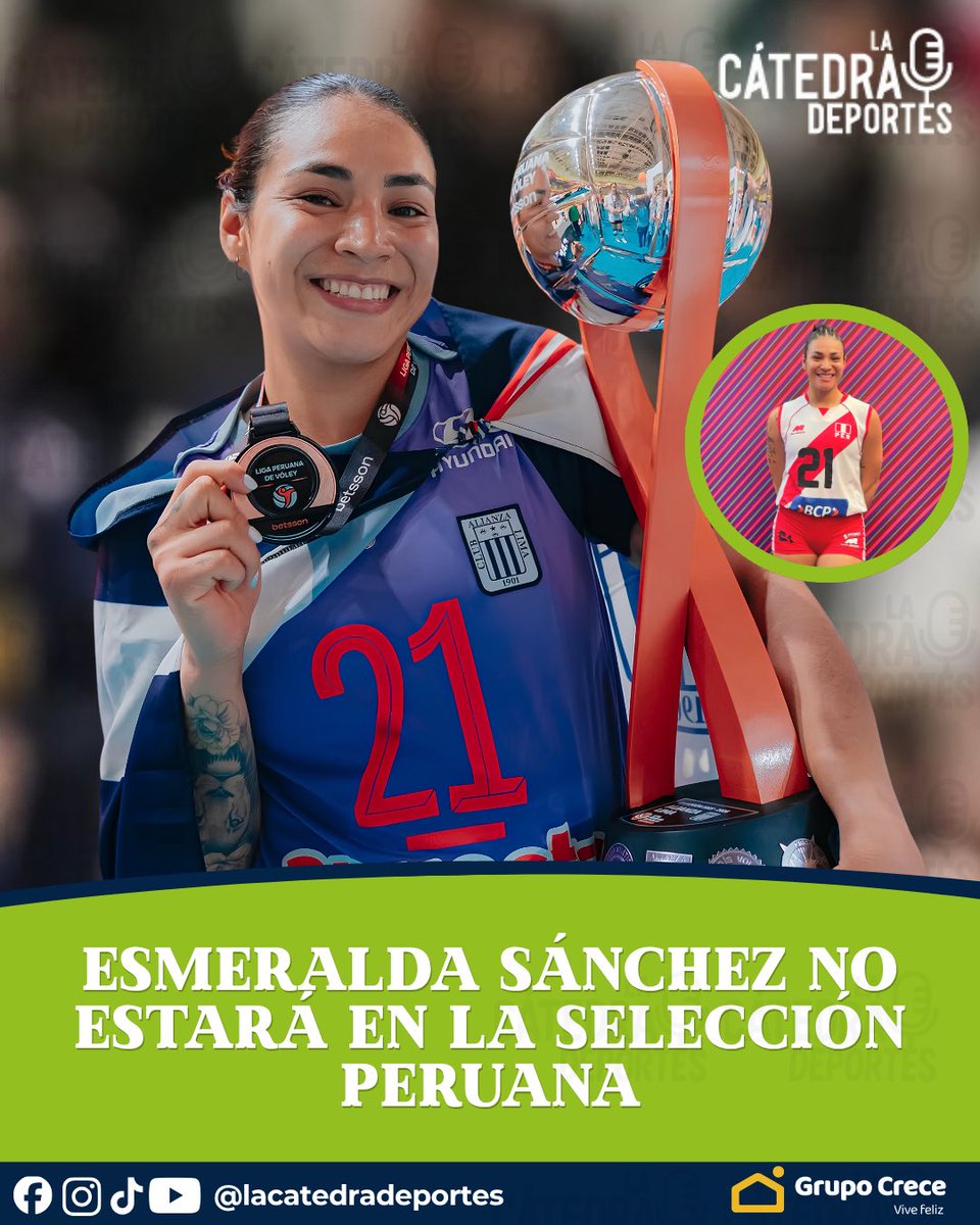 lacatedraperu's tweet photo. ESMERALDA SÁNCHEZ NO ESTARÁ EN LA SELECCIÓN PERUANA DE VOLEIBOL 🏐🇵🇪 

La voleibolista de Alianza Lima no estará en la Selección Peruana de Voleibol por temas personales. 

Todos los pormenores en el programa Quinto Set de La Cátedra Deportes.

¿Qué opinas? https://t.co/G6RnEigHXh