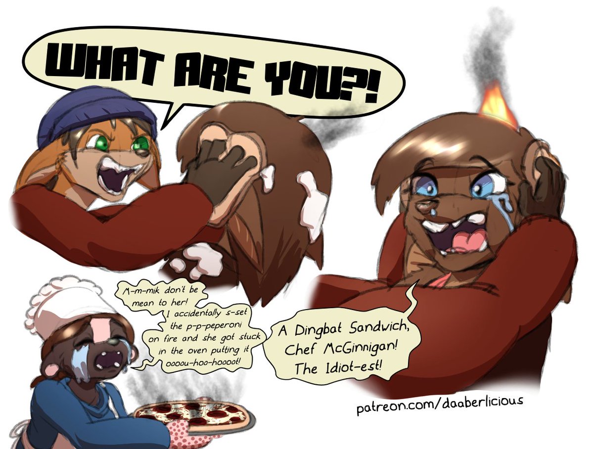 Daaberlicious's tweet photo. Mik takes cooking very seriously. His kitchen is his kingdom, and his subjects just burnt his pizza.
Meg, Mik and Meryl (try to) make pizza, suggested by greeneman! https://t.co/mlzI0GG5yj