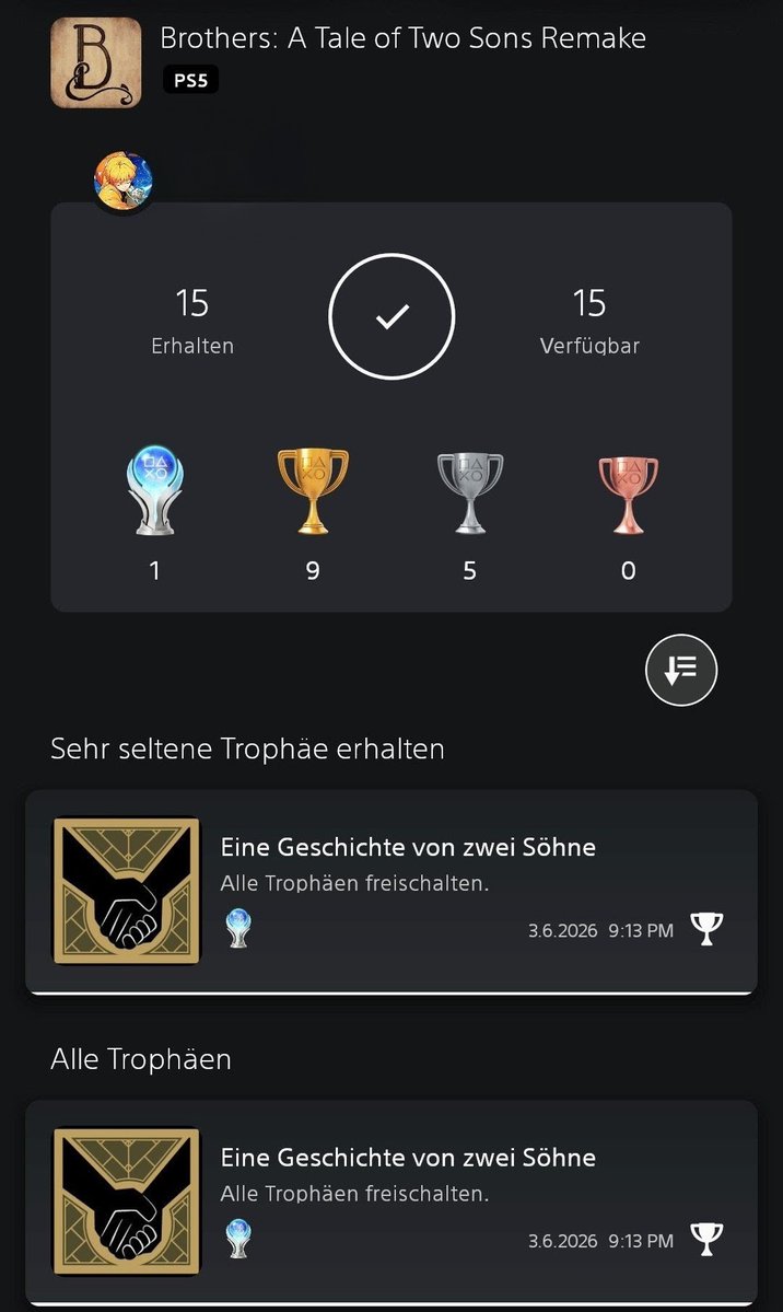 Mango_Banano's tweet photo. Trophy No.87: Brothers: a Tale of Two Sons Remake
After spending over 250 hours on another game, I needed a break. This short game really drew me in and kept me entertained for 5 hours. Beautiful music, a great story—a successful remake.  🙂👍 https://t.co/Q4UmxJE0Tz