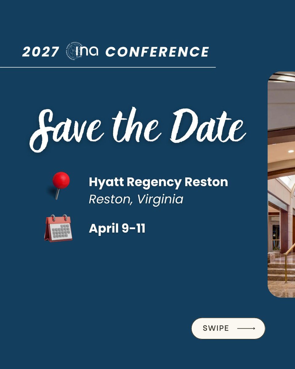 IntlNannyAssoc's tweet photo. 🌸 Save the Date! 🌸

The 2027 INA Conference is headed to Reston, Virginia!

📅 April 9–11, 2027
🏨 Hyatt Regency Reston | Reston Town Center

#2027INAConference #InternationalNannyAssociation #NannyConference #SaveTheDate #INAinReston #INAinVA #CherryBlossomSeason https://t.co/L83hTe8oDm
