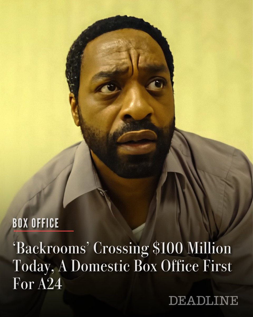 DEADLINE's tweet photo. Kane Parson’s ‘Backrooms’ is crossing $100 million today at the domestic box office, becoming A24’s first movie ever to do so, and their highest grossing movie stateside, surpassing the Timothée Chalamet period dramedy ‘Marty Supreme’ ($96M domestic).

And ‘Backrooms’ pulled this off in six days. 

Full details in our box office breakdown here: https://t.co/bUPsavpQgN
