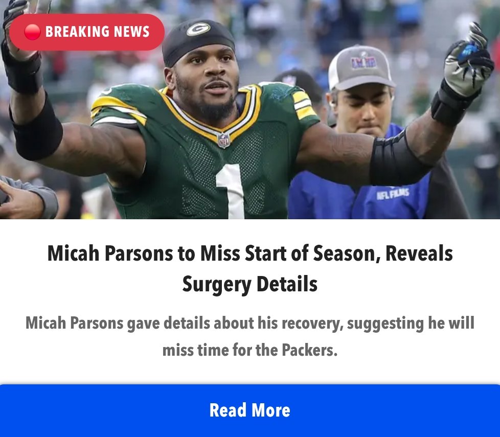 InsideInjuries's tweet photo. Micah Parsons to Miss Start of Season, Reveals Surgery Details

https://t.co/tt5gbwkoFi https://t.co/IHhMMBt9tS