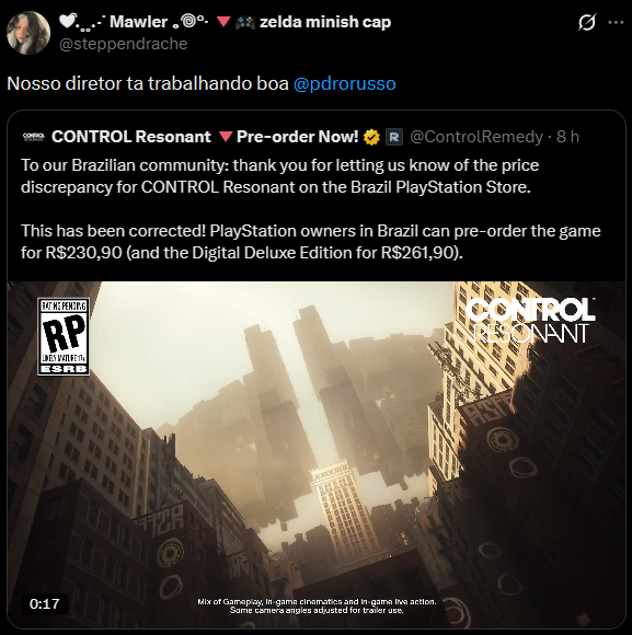 pdrorusso's tweet photo. já falei isso aqui algumas vezes, mas: sou MUITO grato por vocês me associarem ao meu jogo favorito!

ver a remedy e control nos trending topics é algo SENSACIONAL e gosto de pensar que estou colaborando com isso, mesmo que minimamente

control resonant vai ser HISTÓRICO https://t.co/AQcrtY83wr