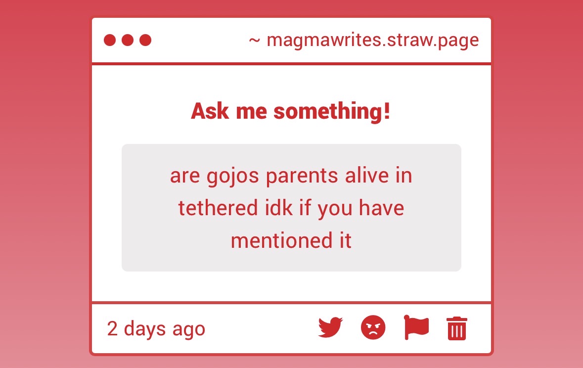 MagmaWrites's tweet photo. Yes! In fact I already have a scene written where Suguru meets one of them :) https://t.co/nJWVwlYedb