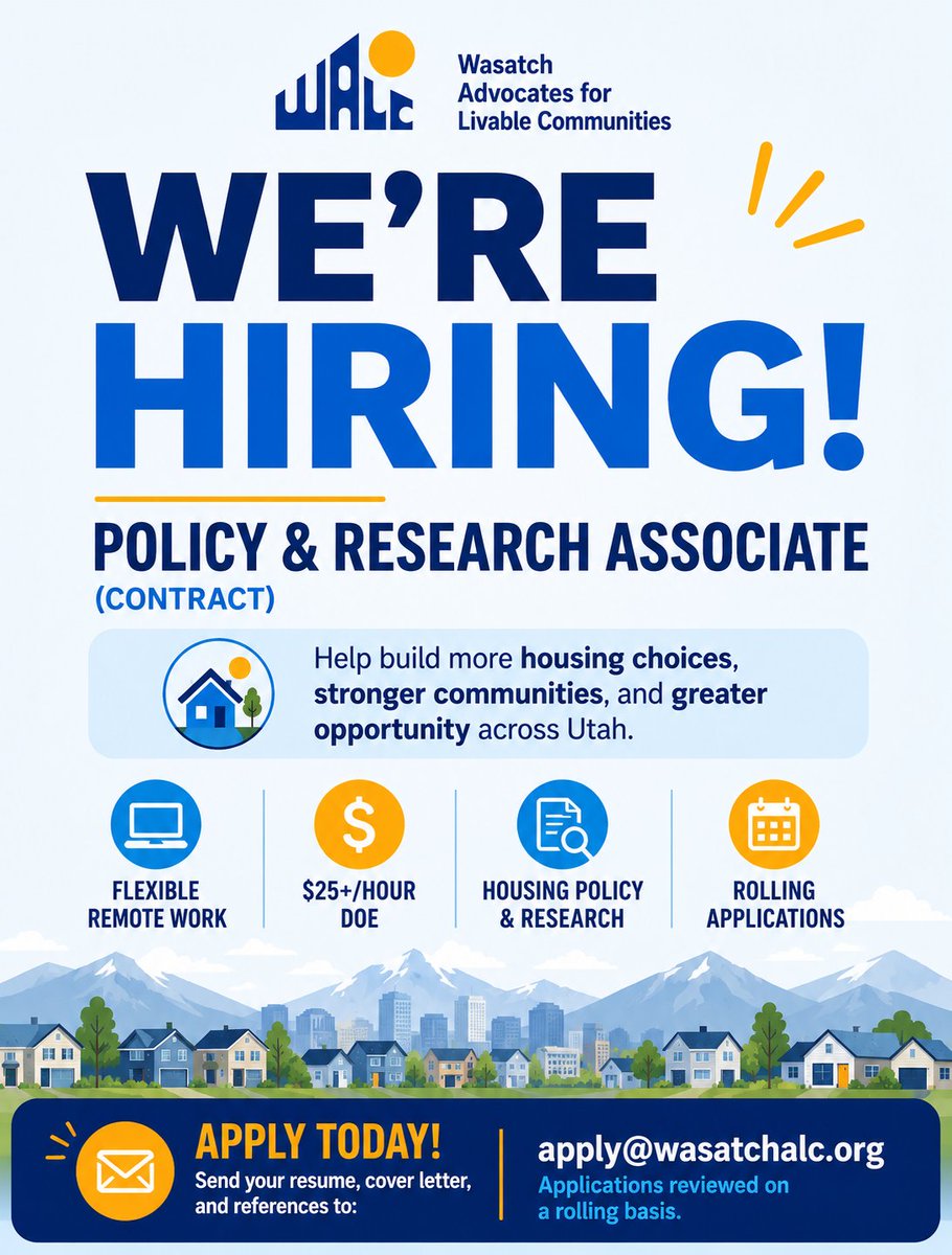 wasatchalc's tweet photo. We're looking for a Policy &amp; Research Associate (Contract) to help advance housing, land use, transportation, and local governance policy across the Wasatch Region.

Remote • $25+/hr • Flexible schedule

Apply: apply@wasatchalc.org with Resume, cover letter and references. https://t.co/iiCAhY85Mx