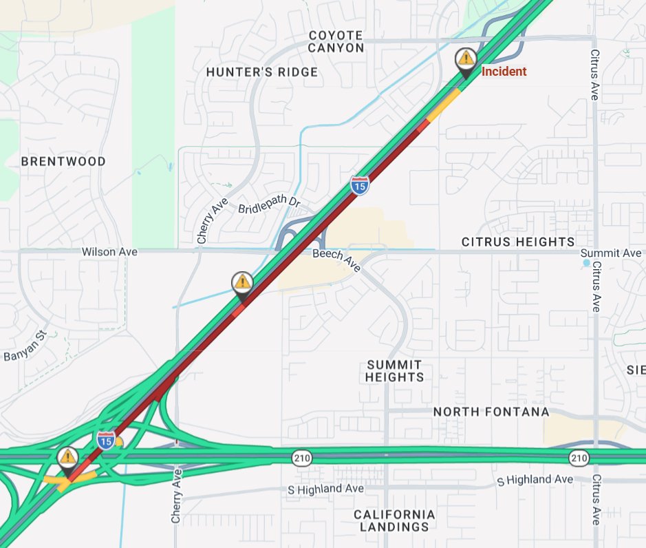 Go511's tweet photo. Traffic Alert in Fontana
Accident on I-15 North near Duncan Canyon Rd., the #2, #3, and #4 lanes are blocked. https://t.co/RtsoarpPrt