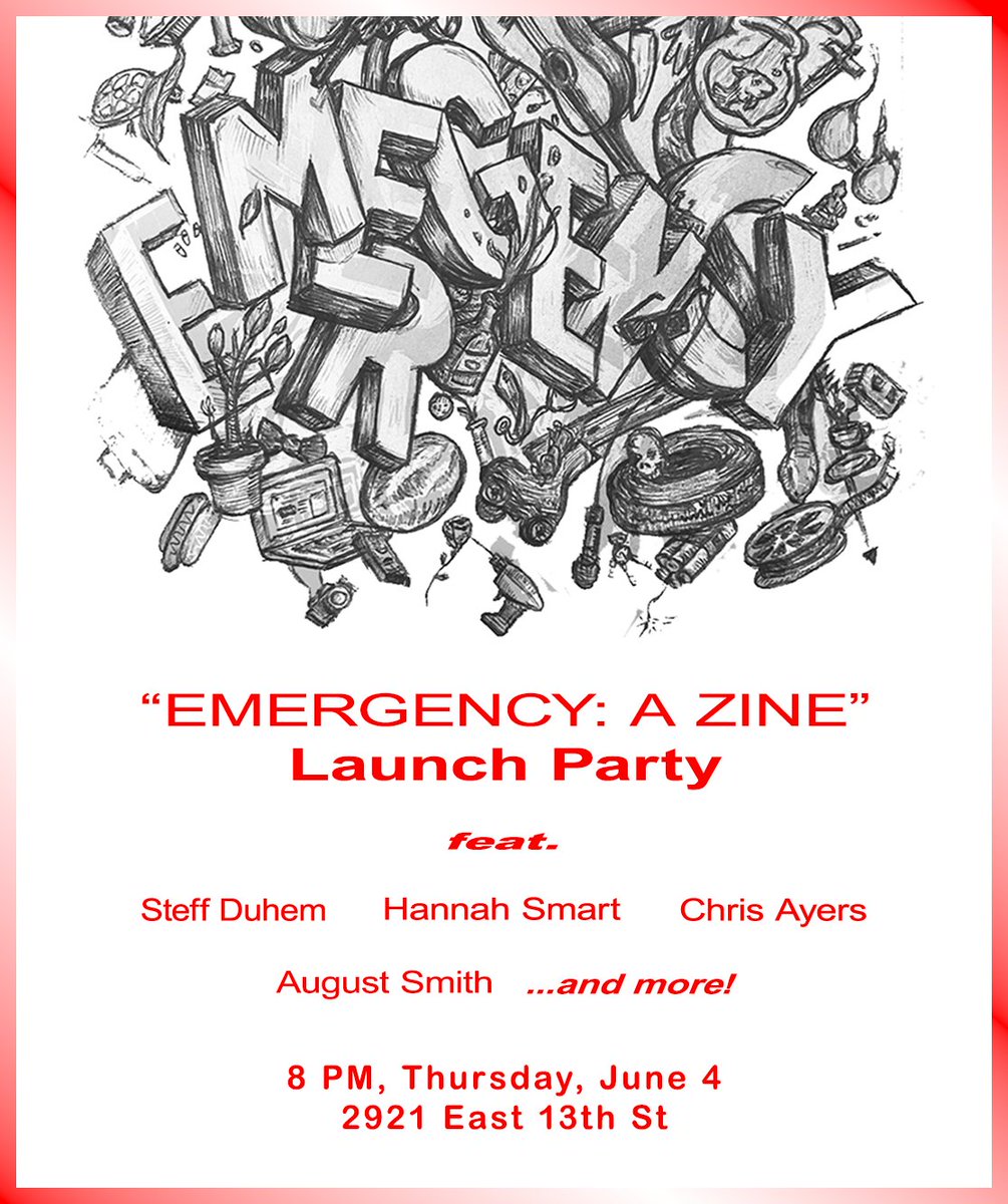 augustjsmith's tweet photo. hosting a reading tomorrow in Austin for "Emergency: A Zine" with @fowlinghantod. we'll have copies of the zine &amp; a DFW-approved junk food spread.

barring any technical difficulties, I'll be streaming the reading live, too, so keep an eye out for the link https://t.co/F6MrOfWENI