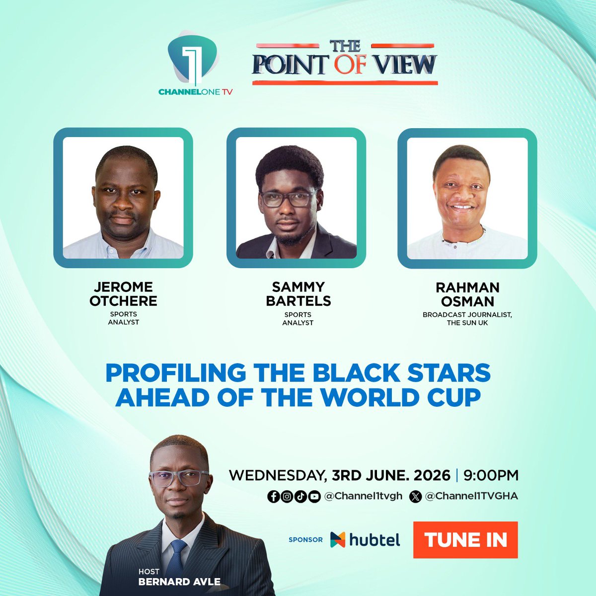 mensaduncan's tweet photo. Profiling the Black Stars ahead of the 2026 World Cup 

A very very interesting one tonight with the seniors @JeromeOtchere, @sammybartels &amp; @iamrahmanosman 

At exactly 9pm on @Channel1TVGHA https://t.co/k3CLQUK0J2
