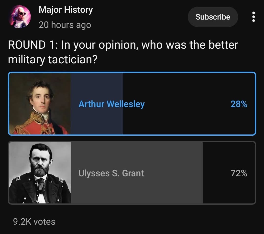 nabulionee2's tweet photo. This poll is funny because Grant definitely is nowhere near as good a tactician as Wellington is. https://t.co/59F8lwyEit