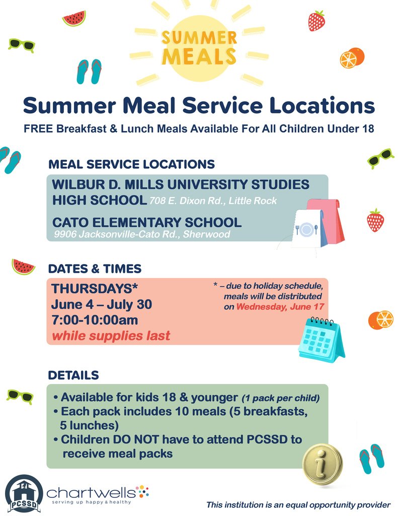 pcssdschools's tweet photo. 🚗Don’t forget — PCSSD’s summer meal program kicks off tomorrow morning. 🍱 
Full details are available on the attached flyer. #ServeAll #PCSSDproud https://t.co/qr7P3G0nOU